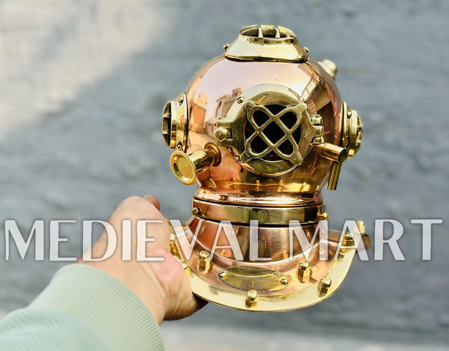 MEDIEVALMART 6"INCH Pure Cooper Brass Diving Helmet With Wooden Base