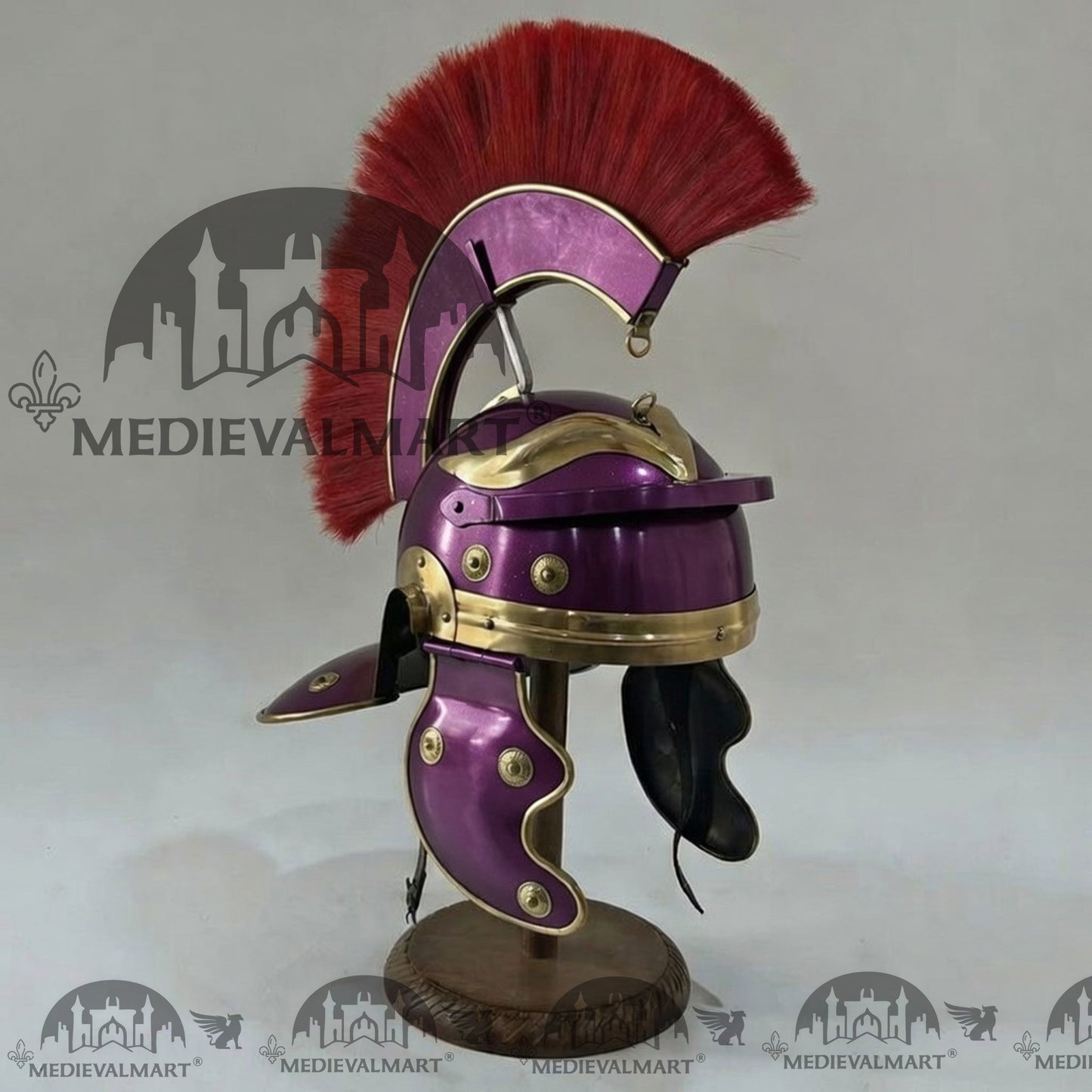 MEDIEVALMART Gallic Roman Centurion Purple Finish Helmet Replica Red Plume with Free Stand