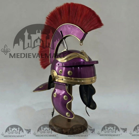 MEDIEVALMART Réplique de Casque de Centurion Romain Gauloise Finition Violette avec Plume Rouge et Support Gratuit
