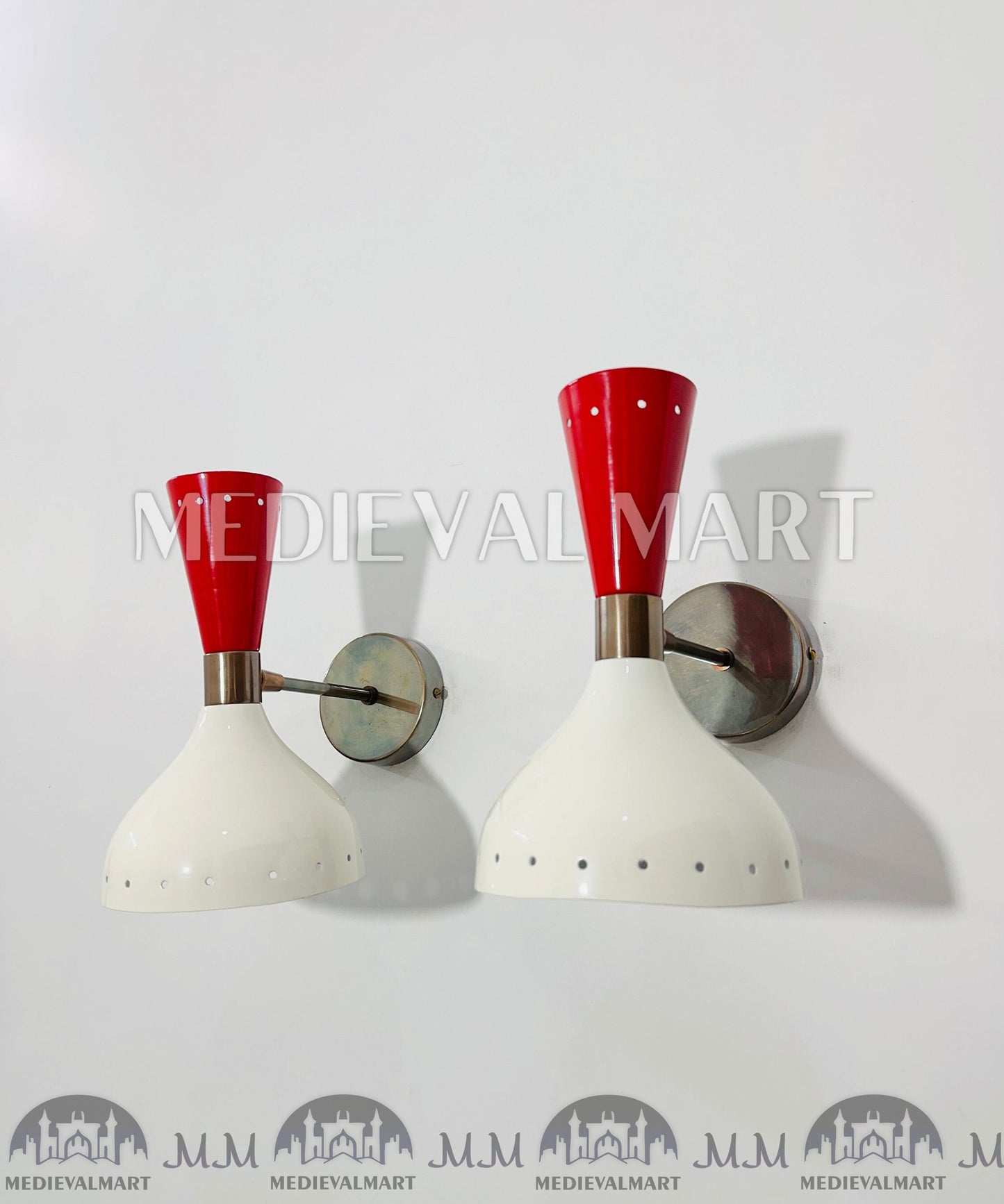 MEDIEVALMART Mid Century Brass Wall Sconce Pair: Italian Stilnovo Red & White Lamp
