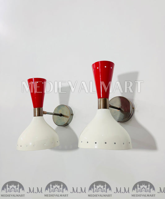 MEDIEVALMART Mid Century Brass Wall Sconce Pair: Italian Stilnovo Red & White Lamp