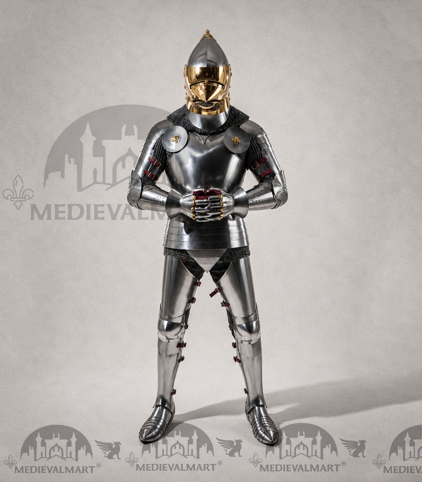 MEDIEVALMART 15th-Century English knight Warrior Gothic Plate Armor Costume W/H Gold Face Hounskull Helmet