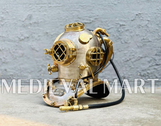 MEDIEVALMART  1945 US Navy Helium Copper brass Diving Helmet With Wooden Base