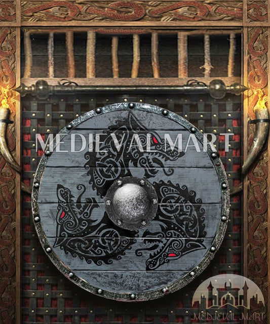 MEDIEVALMART Viking's Fenrir Gray Athena’s Authentic Battleworn Viking Wooden Shield | Gifts For Dad