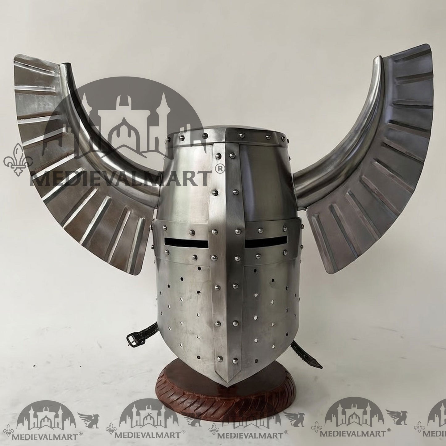 MEDIEVALMART Medieval Templar Warrior Teutonic Wing Helmet Silver Finish with Free Stand