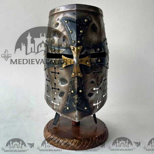 MEDIEVALMART Casque de chevalier templier croisé endommagé de combat, finition argentée, avec support gratuit