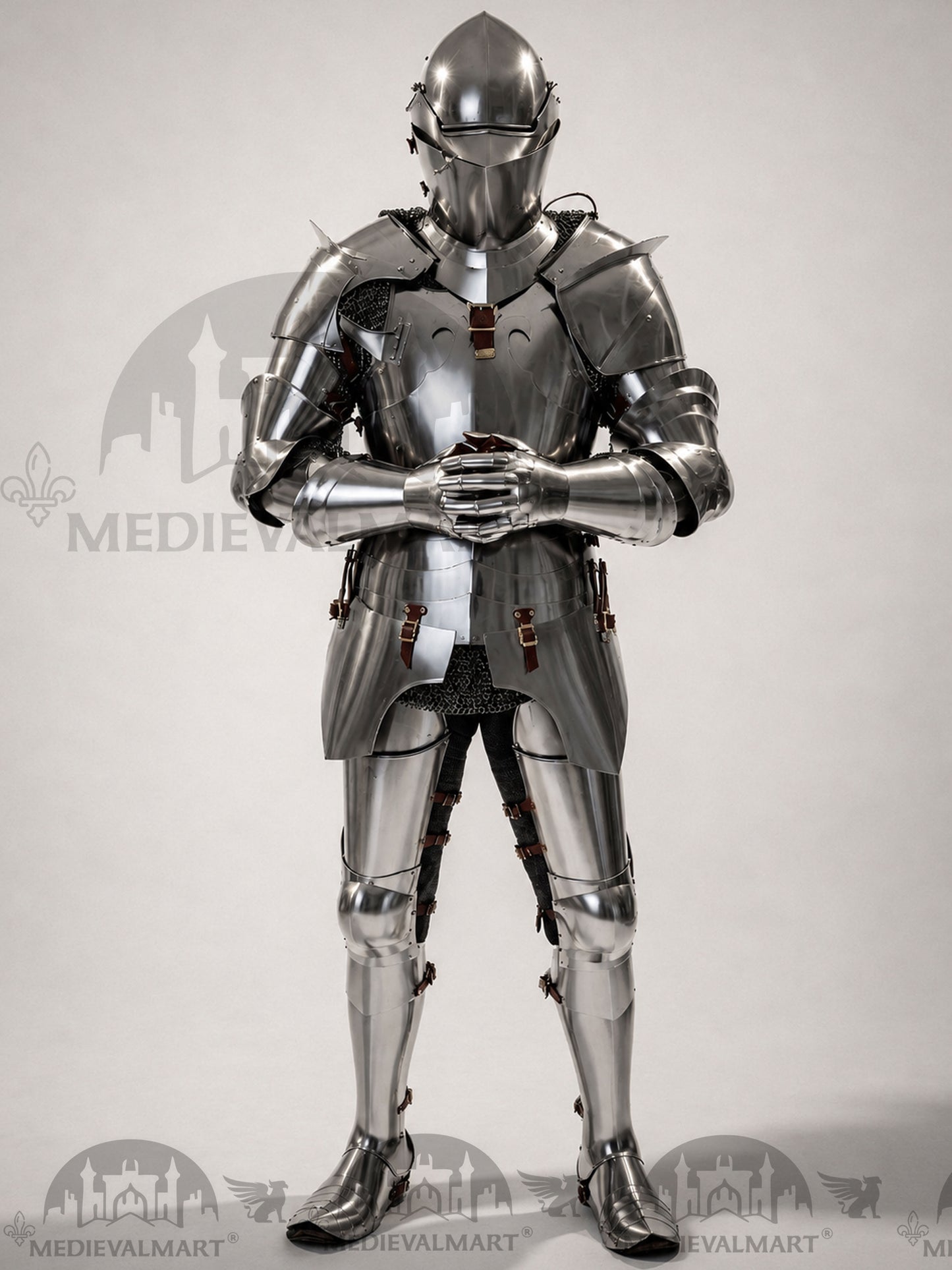 MEDIEVALMART 14th-Cen European English Hardend Steel Plate Armor Buff Polish W/H Houndskull Closed Bascinet
