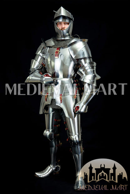 MEDIEVALMART 14th-Cen European English Hardend Steel Plate Armor Buff Polish W/H Houndskull Closed Bascinet