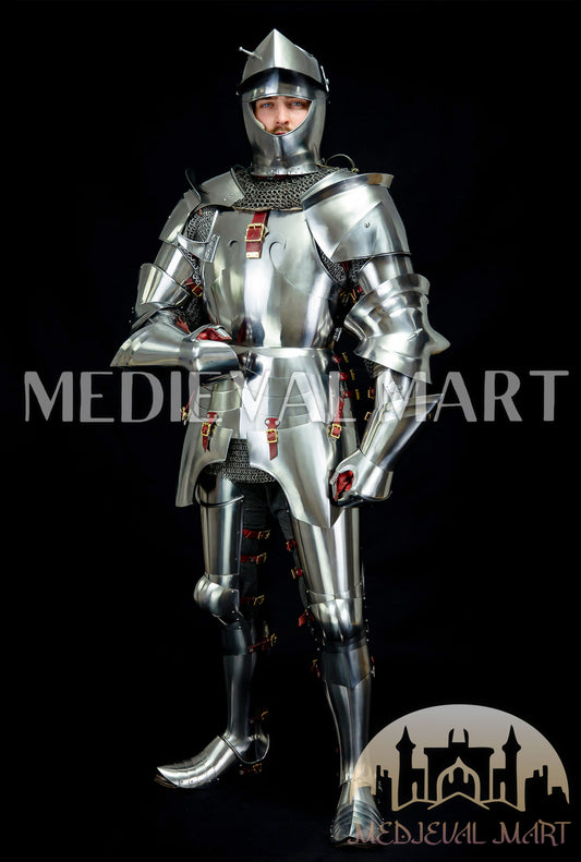 MEDIEVALMART 14th-Cen European English Hardend Steel Plate Armor Buff Polish W/H Houndskull Closed Bascinet