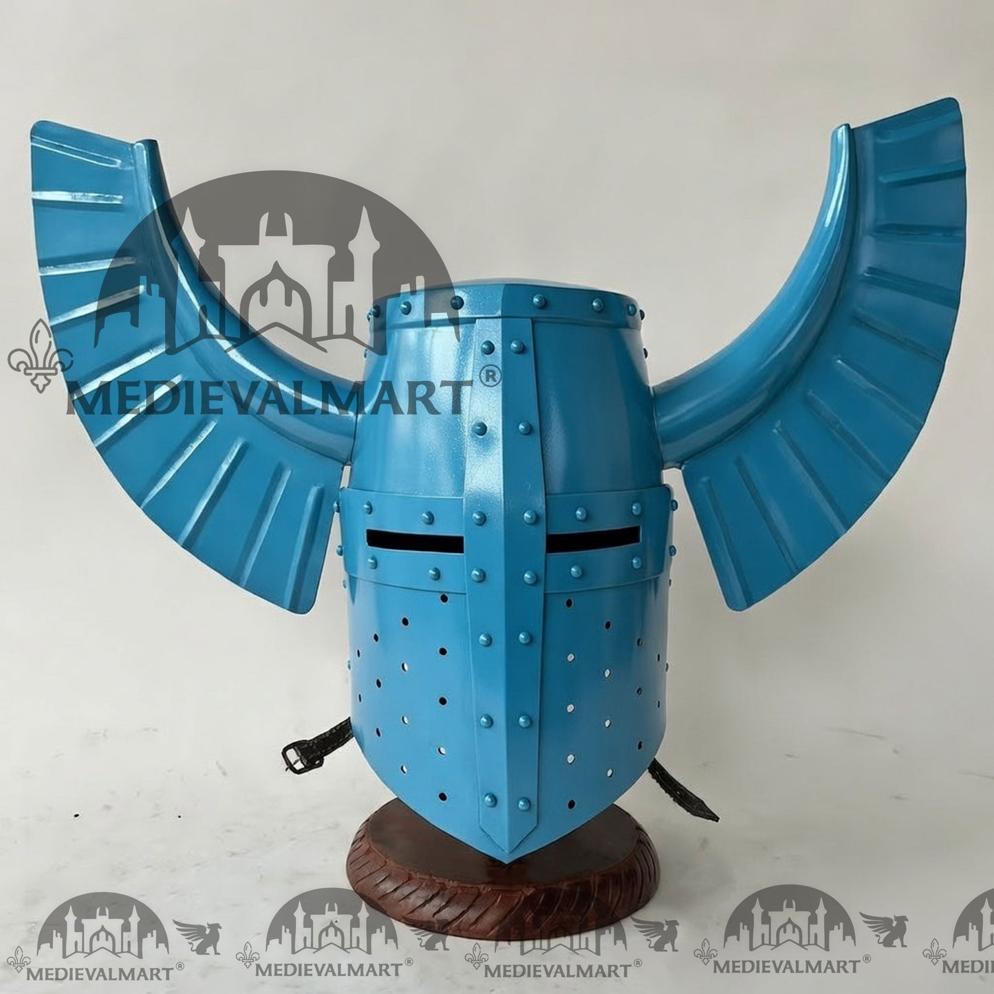 MEDIEVALMART Medieval Templar Warrior Teutonic Aqua Blue Finish Wing Helmet with Free Stand