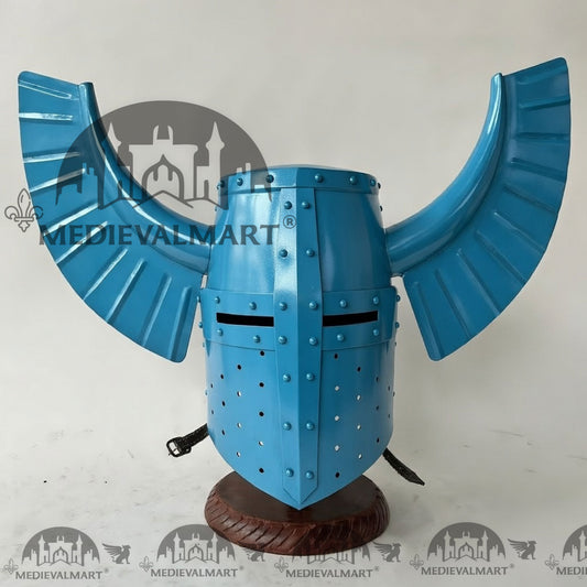 MEDIEVALMART Casque Ailé Médiéval Templier Guerrier Teutonique Finition Bleu Aqua avec Support Gratuit
