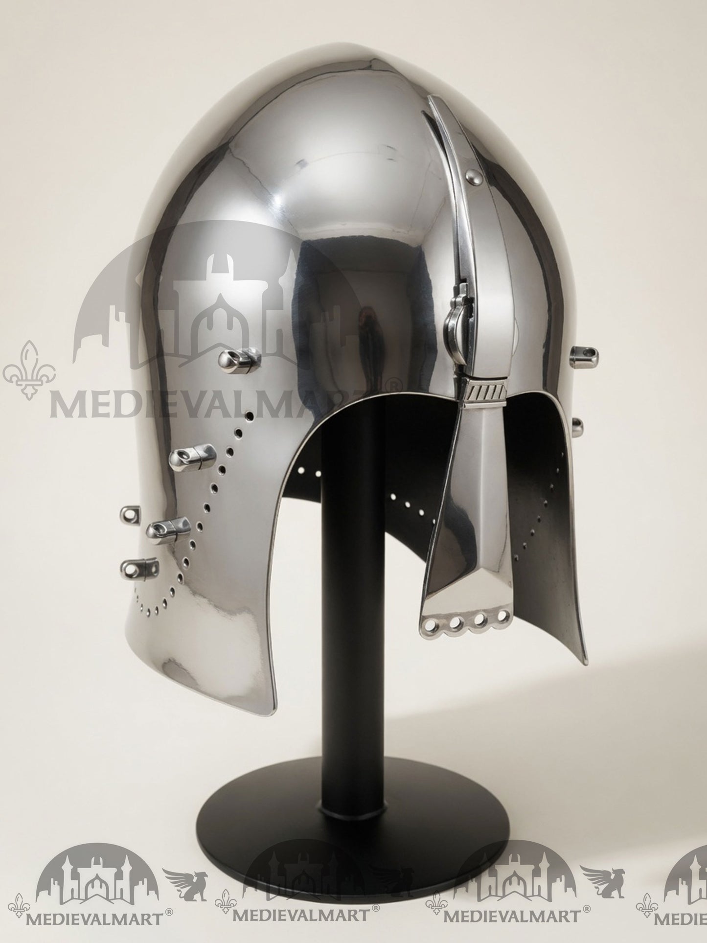 MEDIEVALMART Medieval Great Bascinet Helmet – Polished Steel Knight Helmet for Reenactment & LARP
