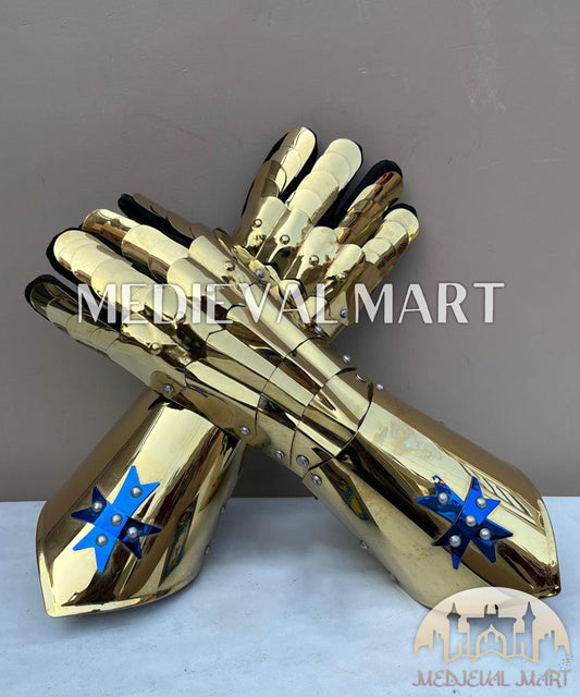 MEDIEVALMART LOTR Witcher Sauron-Inspired Gold Gauntlet Edition Set with Blue Star - Cosplay Gloves Armor