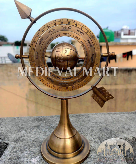 MEDIEVALMART Handmade Brass Armillary Sphere with Arrow: Nautical Astrolabe Globe Gift For Dad