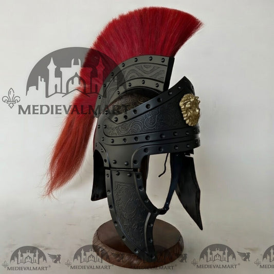 MEDIEVALMART Casque de Centurion Romain Médiéval Finition Noire avec Plume Rouge ou Support en Bois Offert