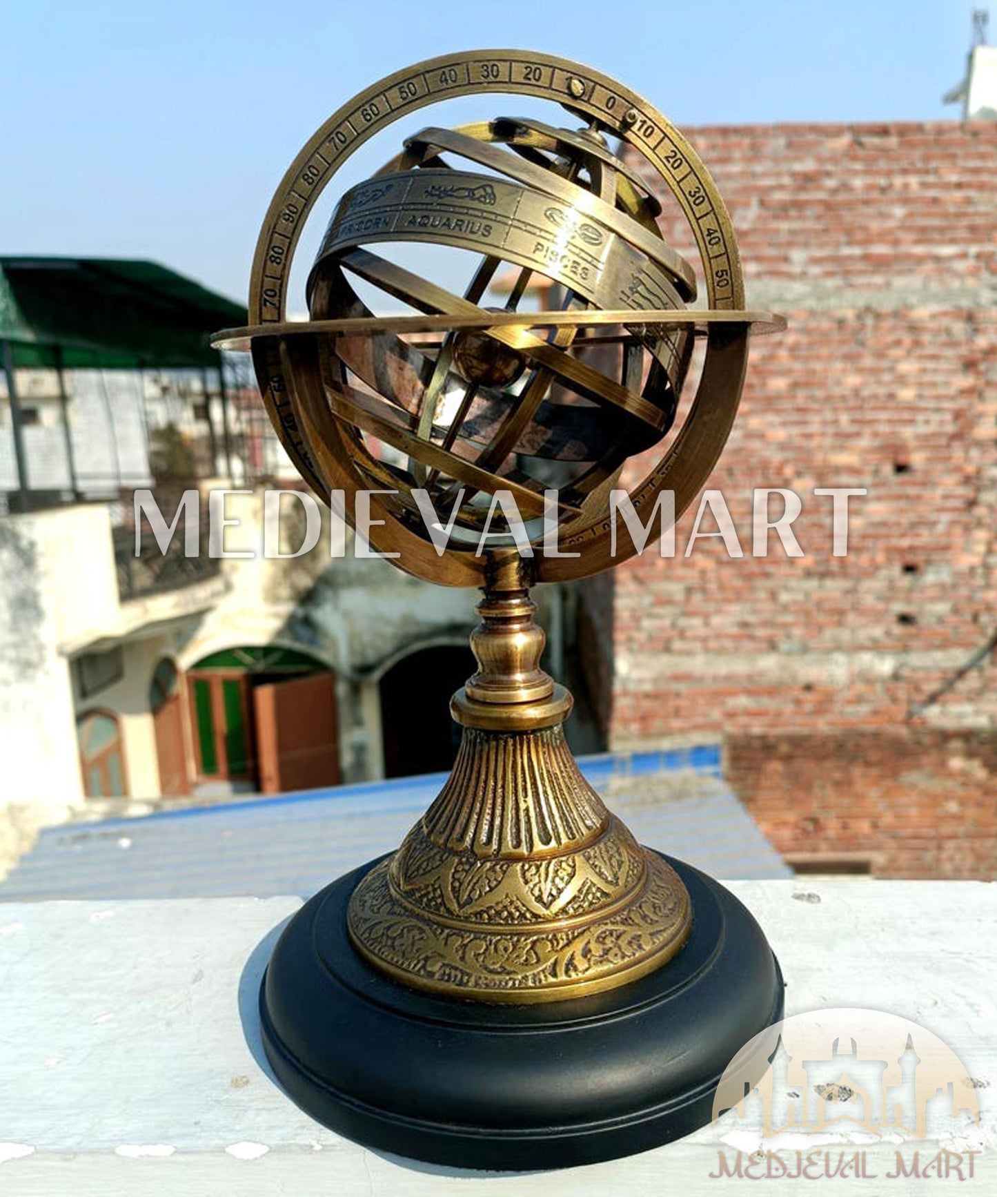 MEDIEVALMART Handmade Brass Armillary Globe Engraved Zodiac Astrolabe on Wooden Base Gift For Christmas Day