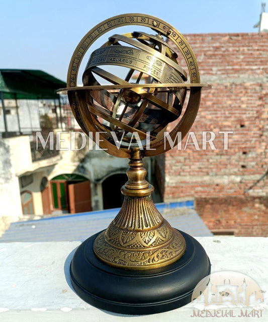 MEDIEVALMART Handmade Brass Armillary Globe Engraved Zodiac Astrolabe on Wooden Base Gift For Christmas Day