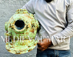 MEDIEVALMART Rusty Lite Green Diving Helmet With Wooden Base