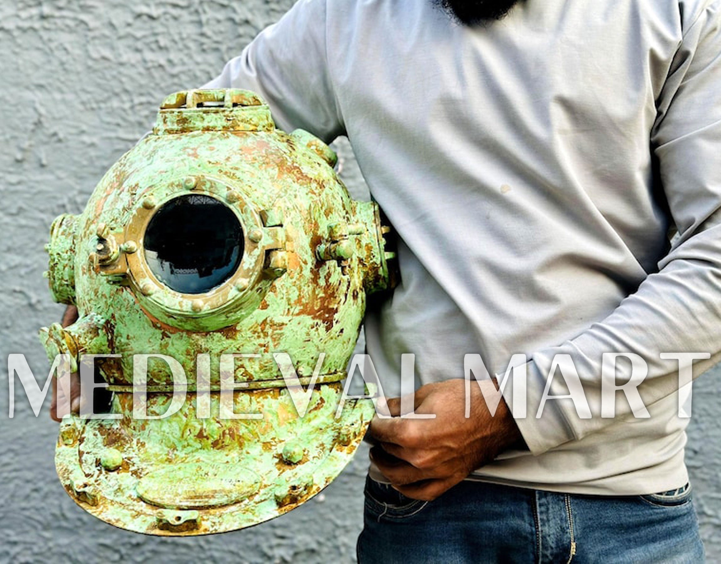 MEDIEVALMART Rusty Lite Green Diving Helmet With Wooden Base
