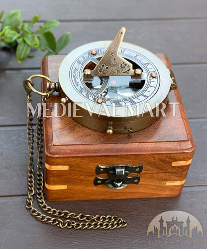 MEDIEVALMART Custom Engrave Nautical Sun Clock Adventure Compass Gold Finish W/H Gen-1 Wooden Case | Gift For Mom