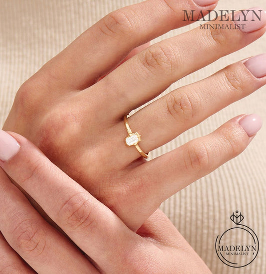 MADELYN MINIMALIST 14k Solid Gold Baguette Dainty Solitaire Engagement Ring for Women | Gift For Her Birthday