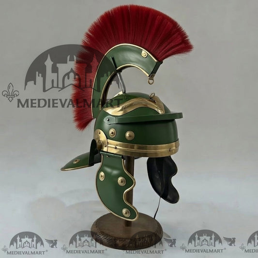 MEDIEVALMART Réplique de Casque de Centurion Romain Gaulois Finition Vert Jade Panache Rouge avec Support Offert