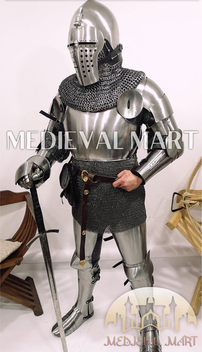 MEDIEVALMART 14th Century Combat Full set of Buhurt Armor Suit W/H Klappvisor Bascinet & Sword