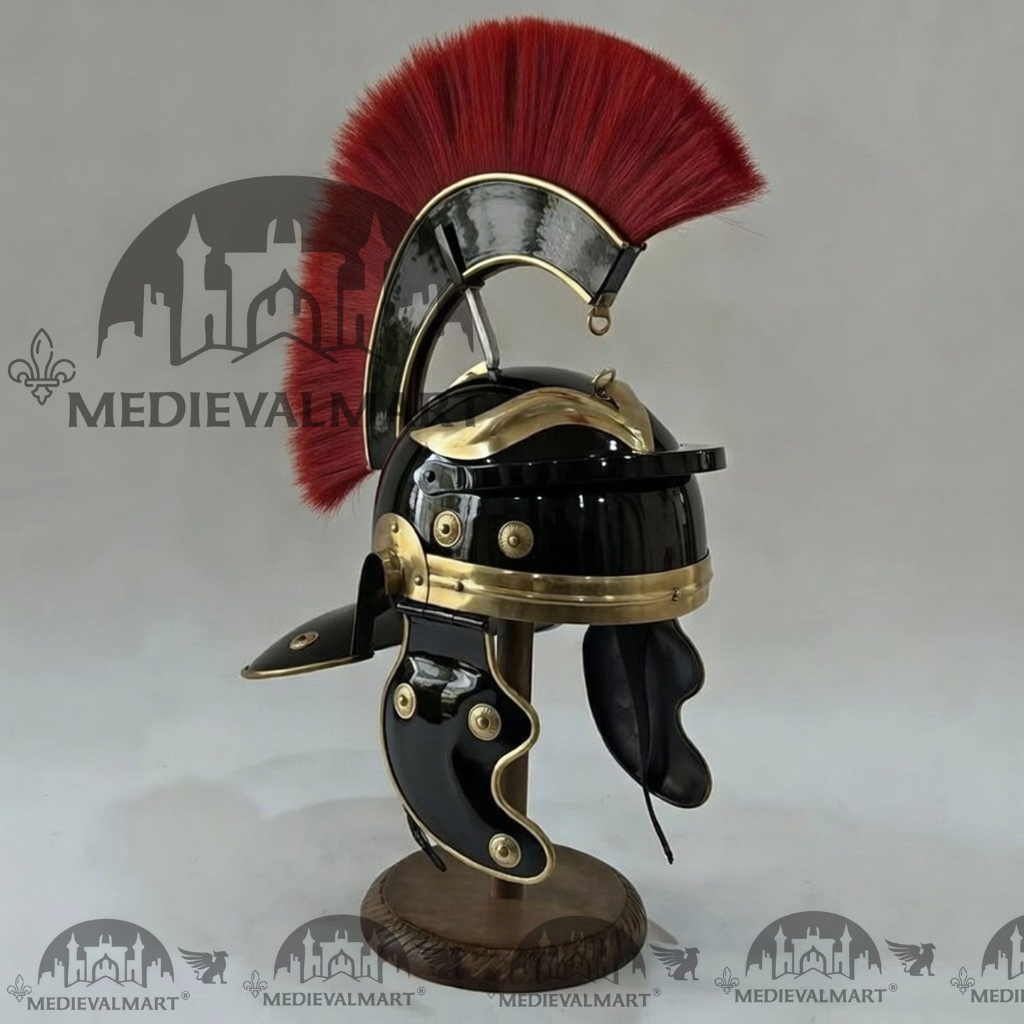 MEDIEVALMART Gallic Roman Centurion Black Finish Helmet Replica Red Plume with Free Stand