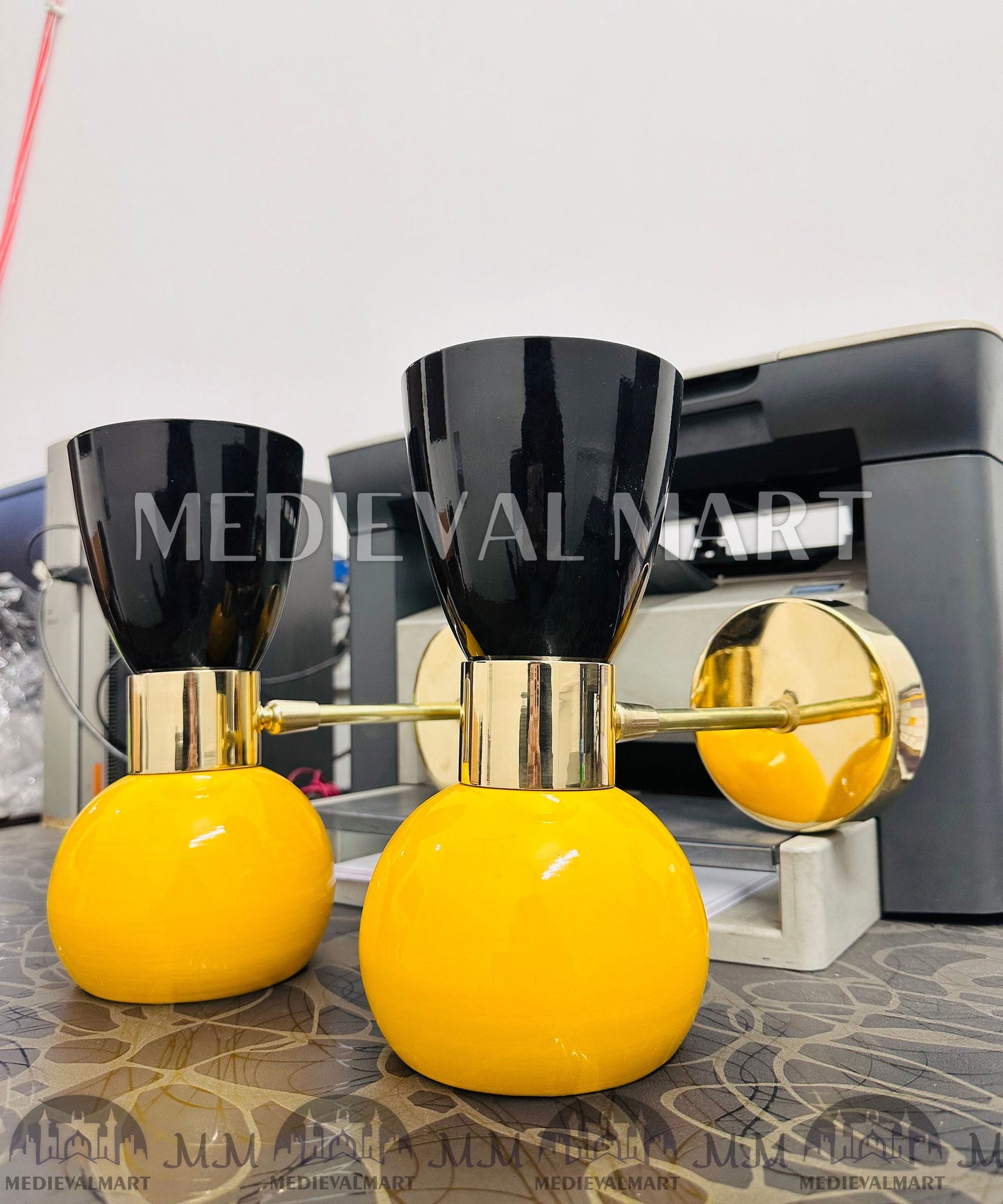 MEDIEVALMART Mid Century Italian Diabolo Wall Sconce Pair: Marigold & Black Bedside Lamps