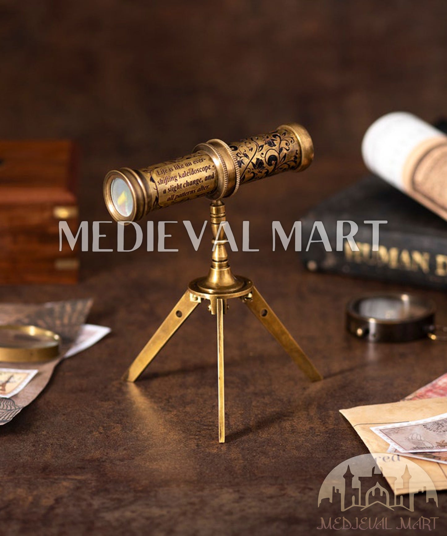 MEDIEVALMART Handmade Brass Kaleidoscope with Stand: Vintage Educational Toy