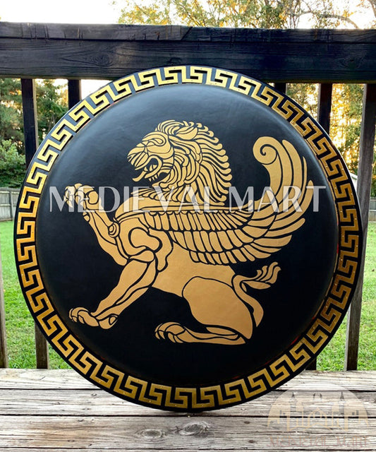 MEDIEVALMART Iconic Greek Hoplite Black/Gold Lion Battleworn Metal/Brass Shield | Gifts For Dad