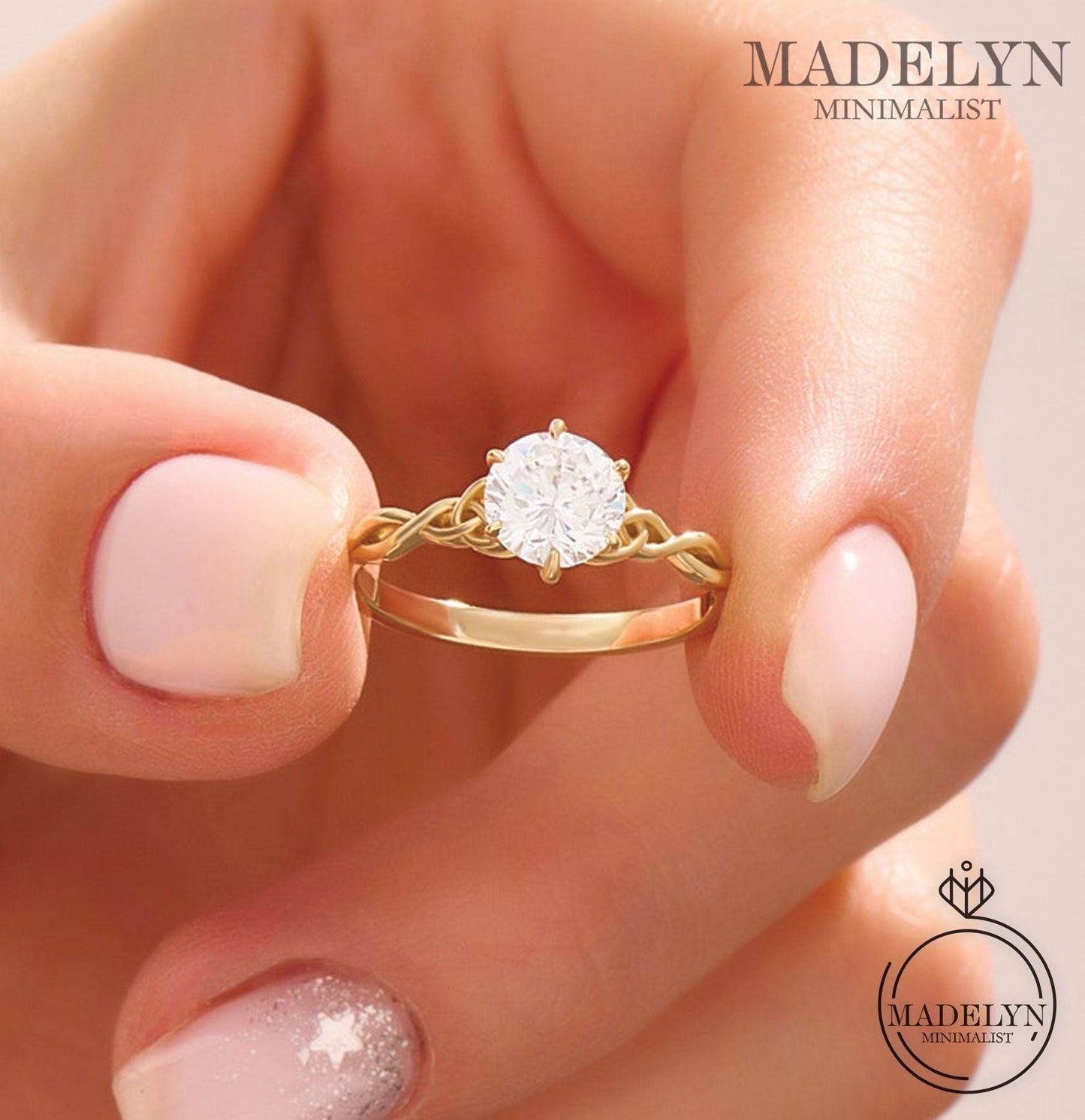 MADELYN MINIMALIST 14k Solid Gold Tiny Celtic Knot Lab Diamond Engagement Ring for Women | Gift For Lover
