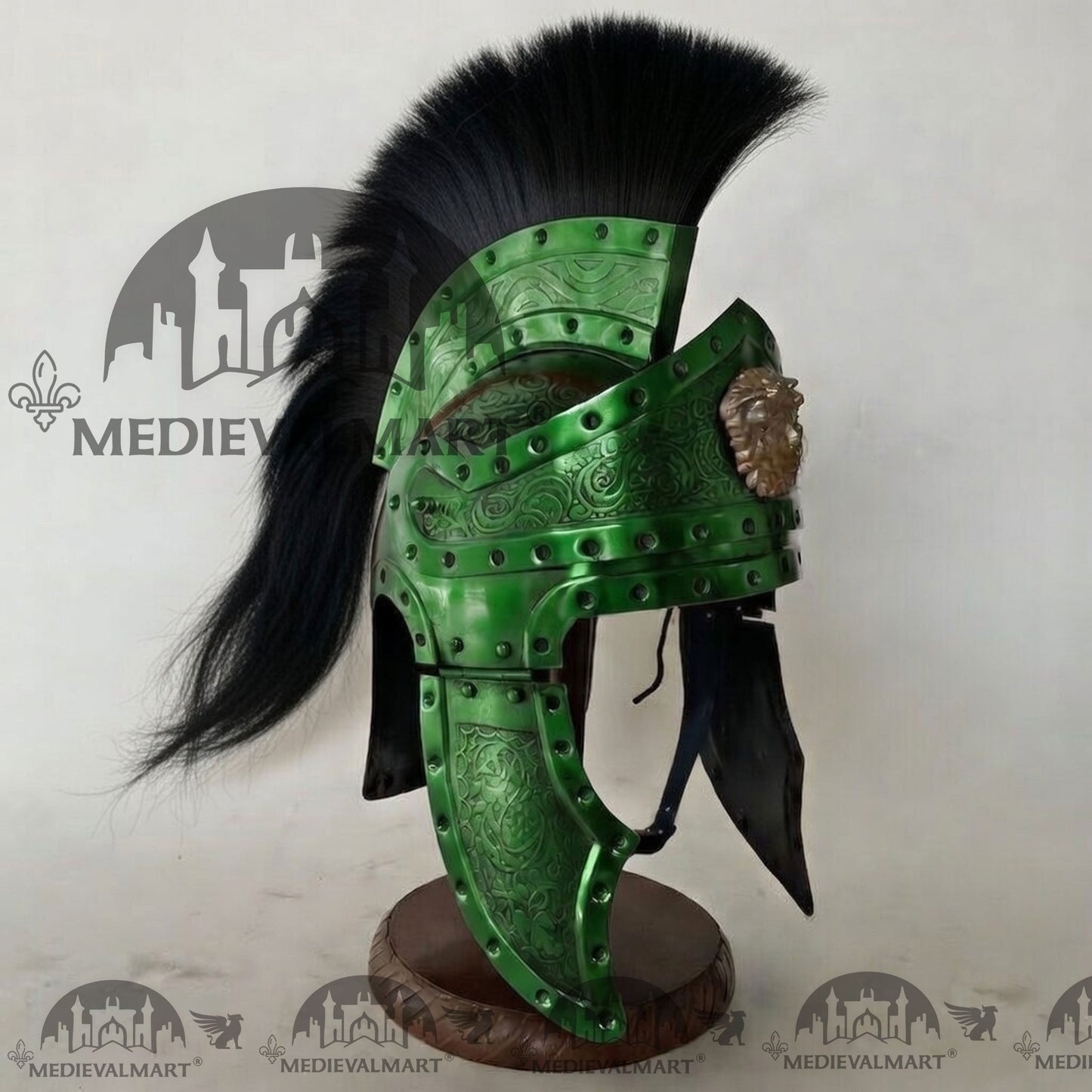 MEDIEVALMART Medieval Roman Centurion Green Finish Helmet with Black Plume or Free Wooden Stand