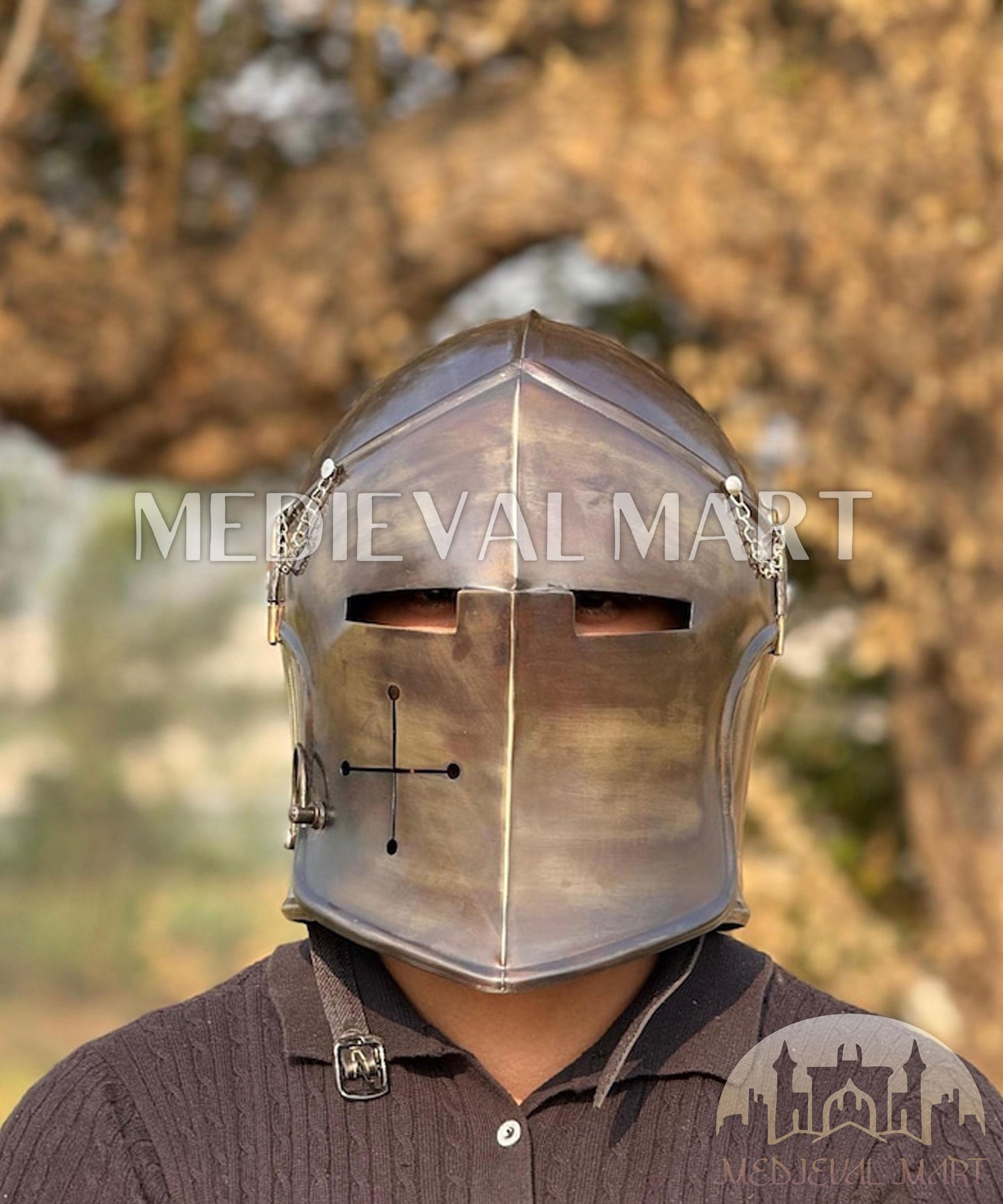 MEDIEVALMART Medieval Knight Armor 18g Mild Steel Burnished Antique Finish Barbuta Helmet for LARP or Cosplay - Gift For Dad