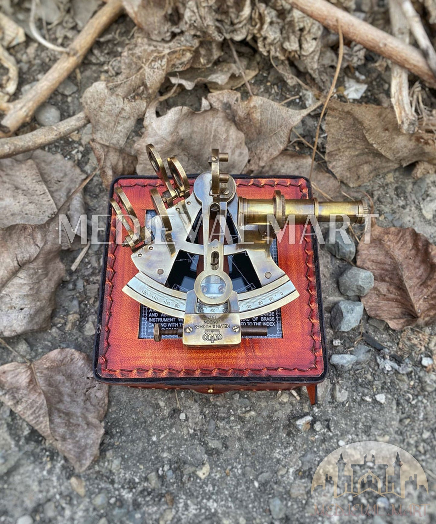 MEDIEVALMART Nautical Victorian Solid Brass Working Sextant W/H Cute Leather Case | Antique Finish - Navigational Instrument, Christmas Gifts