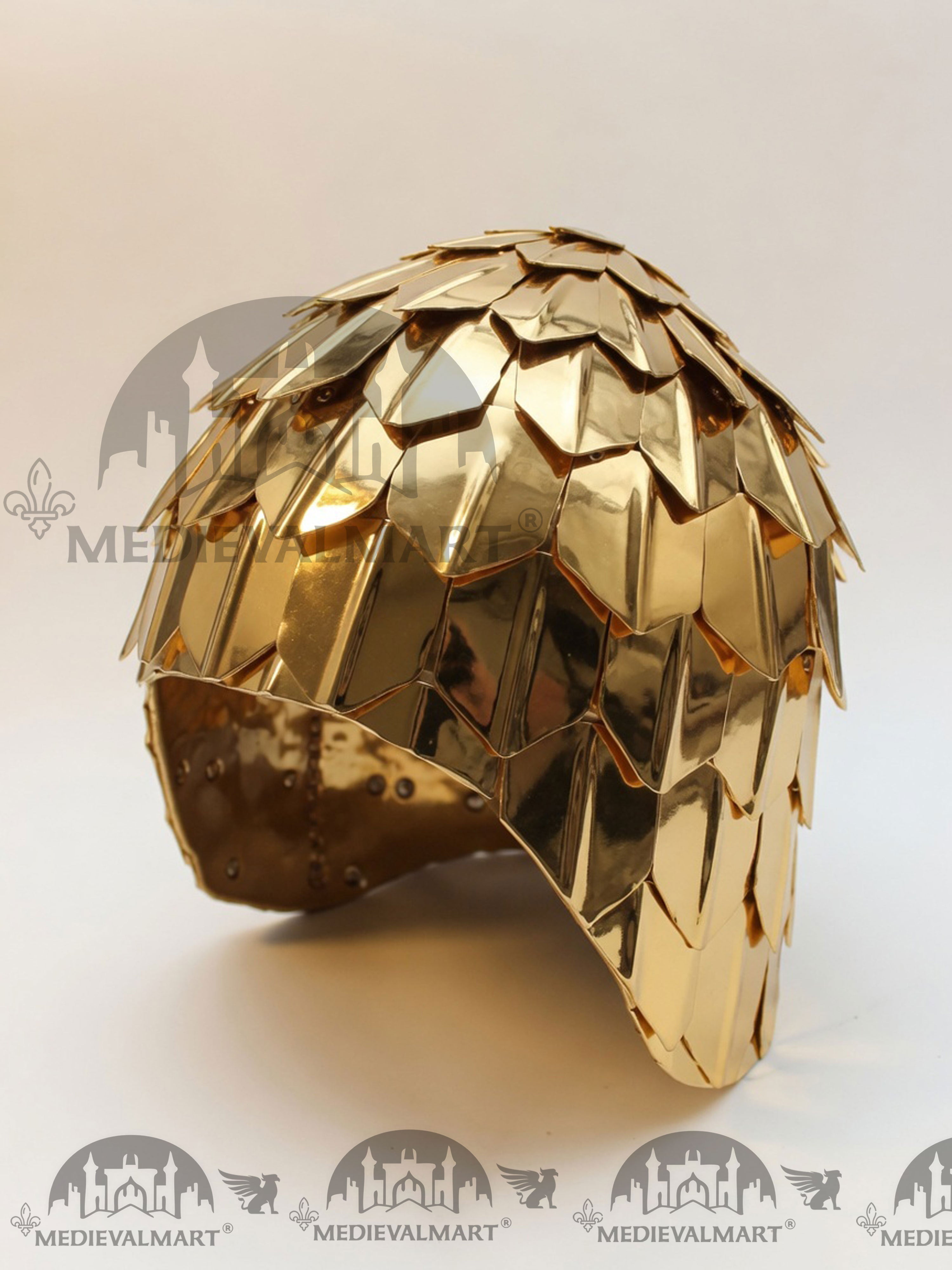 MEDIEVALMART Medieval Historical Scaled Skull Cap Helmet, Shiny Gold Polished Helmet / Best for Reenactment