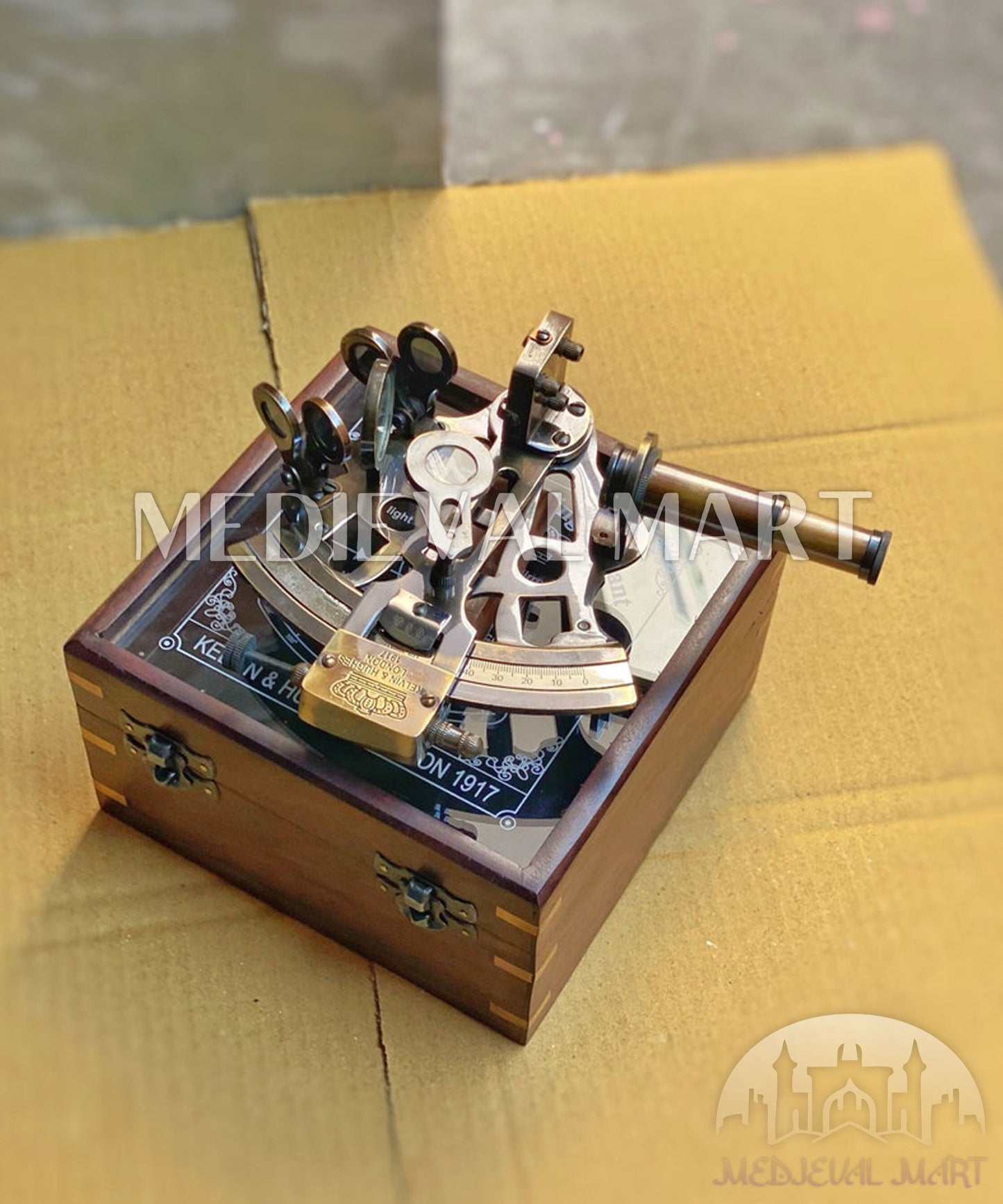 MEDIEVALMART Nautical Working Brass Kelvin Sextant W/H Transparent Wooden Case | Vintage Maritime Precision Astrolabe Ship Instrument, Christmas Gifts