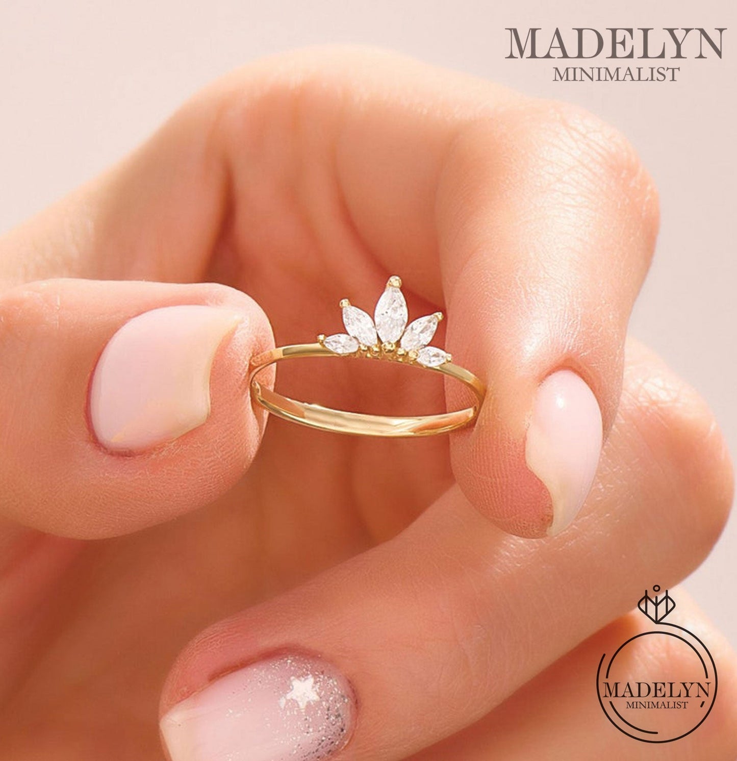 MADELYN MINIMALIST 14k Solid Gold Marquise Dainty Tiara Wedding Ring | Gift For Wife