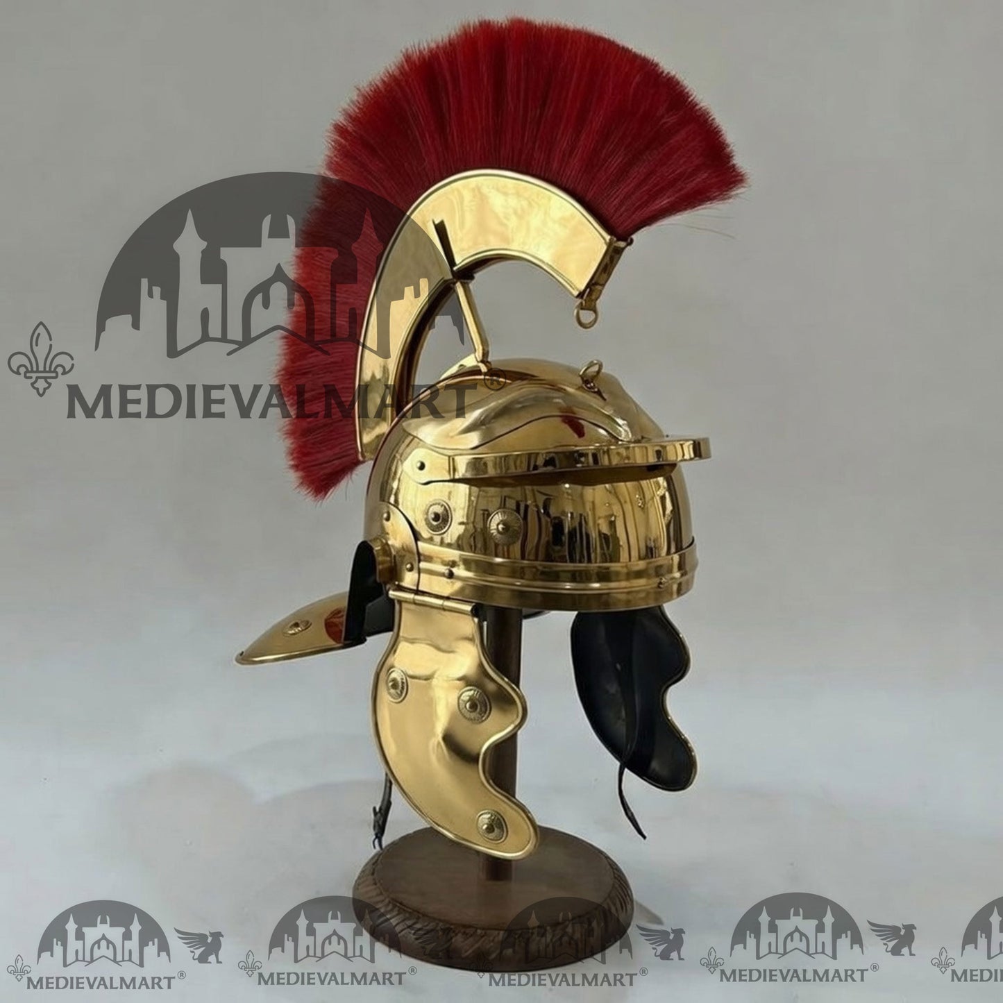 MEDIEVALMART Gallic Roman Centurion Gold Finish Helmet Replica Red Plume with Free Stand