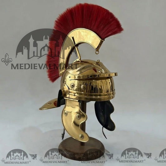 MEDIEVALMART Casque de Centurion Romain Gaullois Doré Réplique avec Plume Rouge et Support Offert