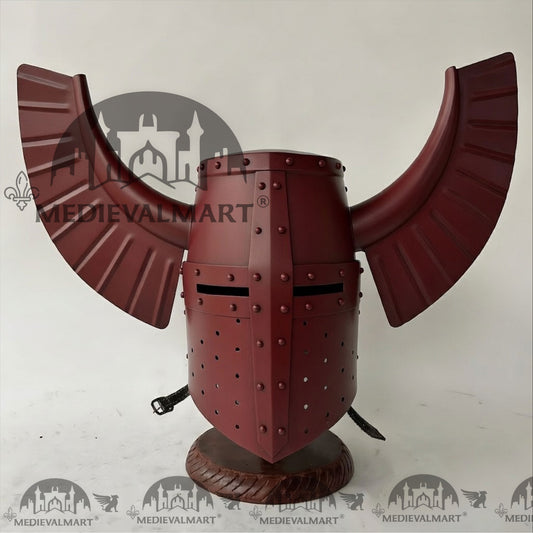 MEDIEVALMART Casque médiéval de guerrier templier teutonique antique finition rouge avec support gratuit