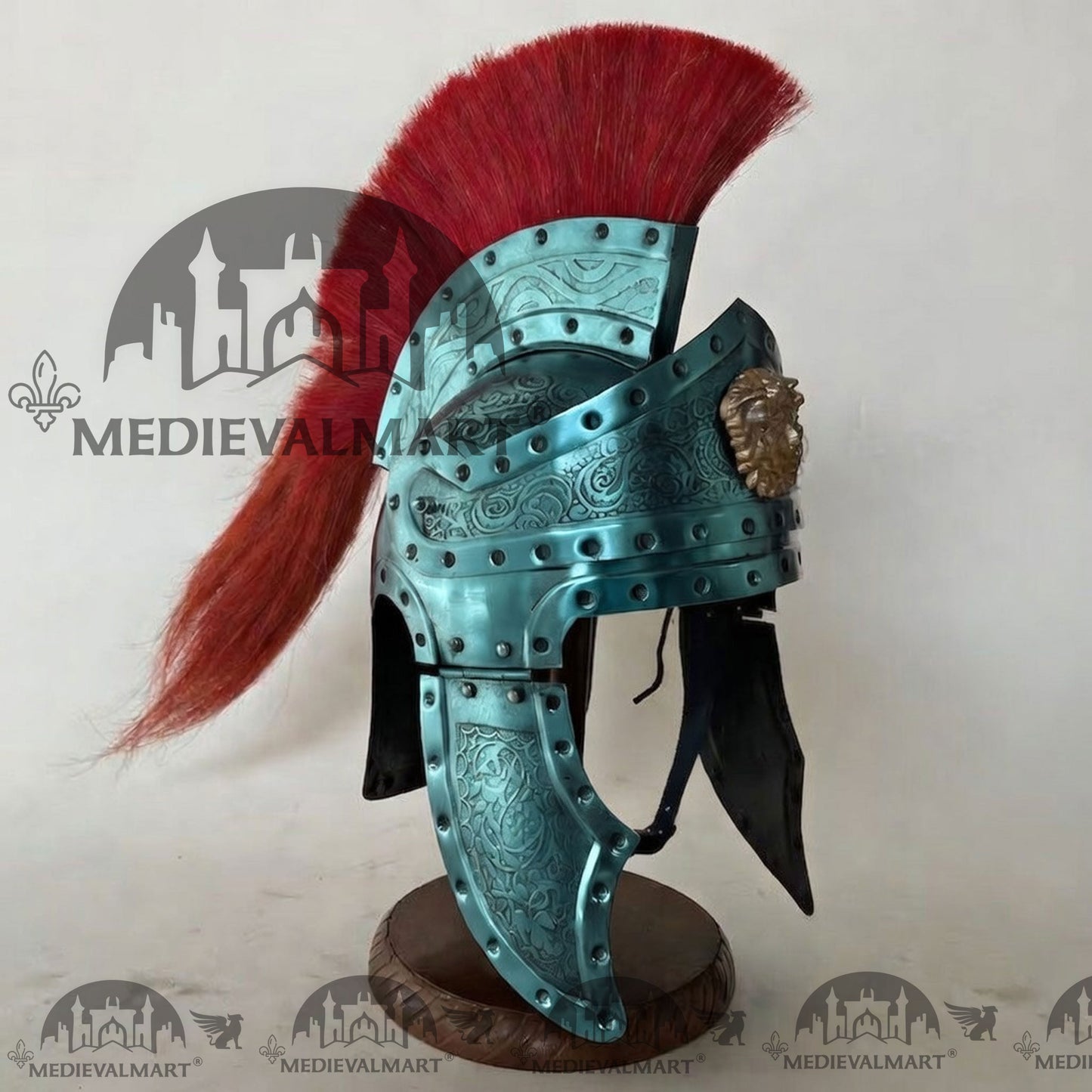 MEDIEVALMART Medieval Roman Centurion Aqua Blue Finish Helmet with Red Plume or Free Wooden Stand