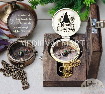 MEDIEVALMART Personalized Nautical Brass Compass Gold Or Bronze Finish W/H Gen-2 Wooden Case | Gift For Christmas
