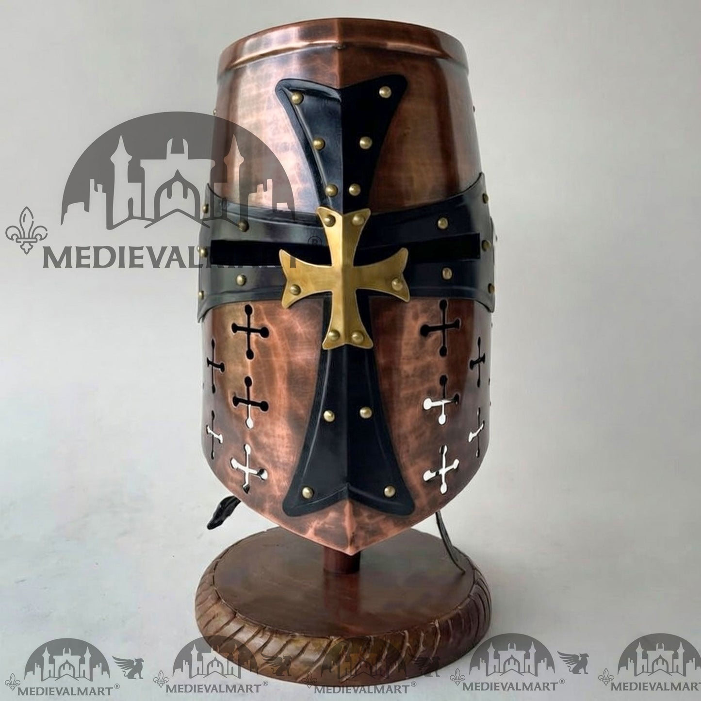 MEDIEVALMART Special Templar Crusader Knight Antique Copper Finish Helmet W/H Free Stand
