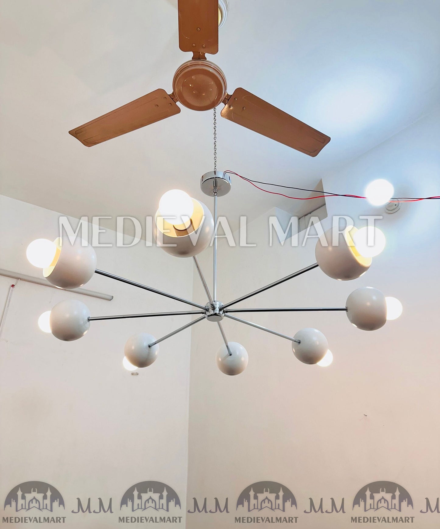 MEDIEVALMART Modern Brass Chandelier 8 White Round Shades Chrome Finish