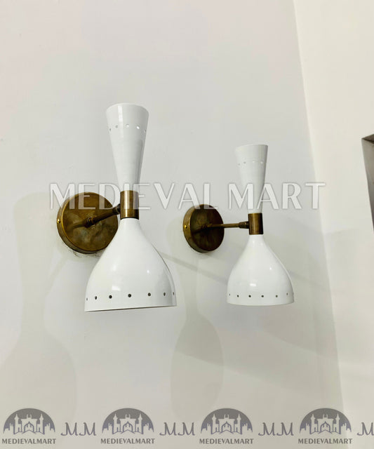 MEDIEVALMART Italian White Wall Sconce Light Pair Fixtures Mid Century Stilnovo Lamps
