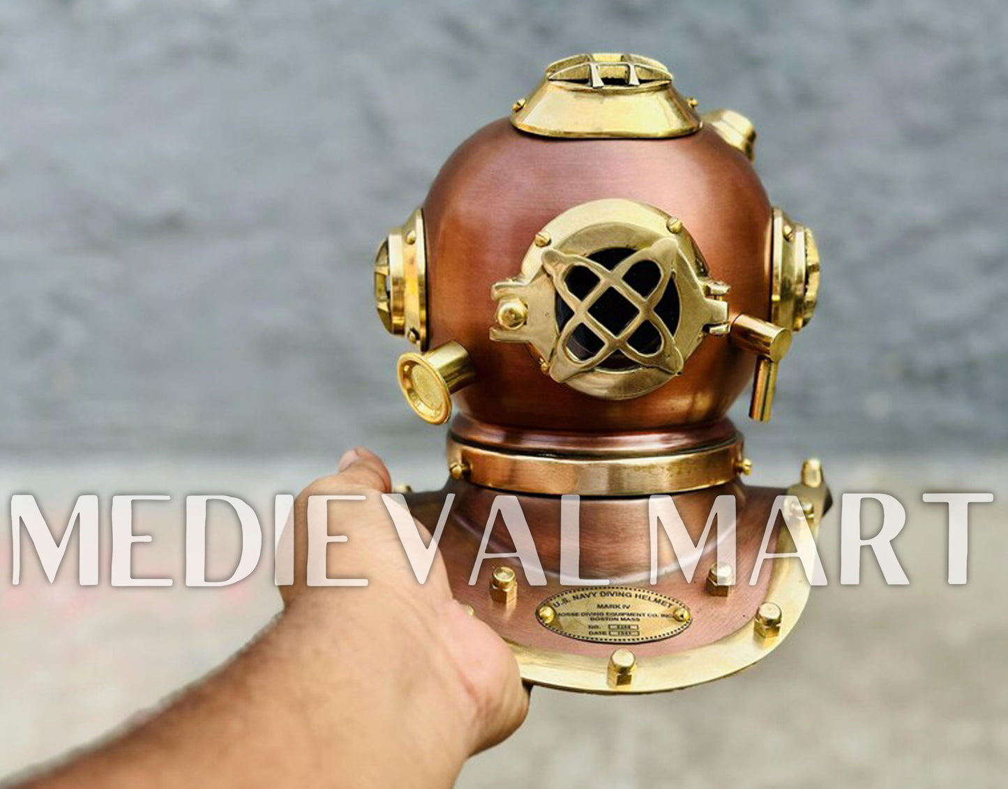 MEDIEVALMART 6"INCH Brown Diving Helmet With Wooden Base
