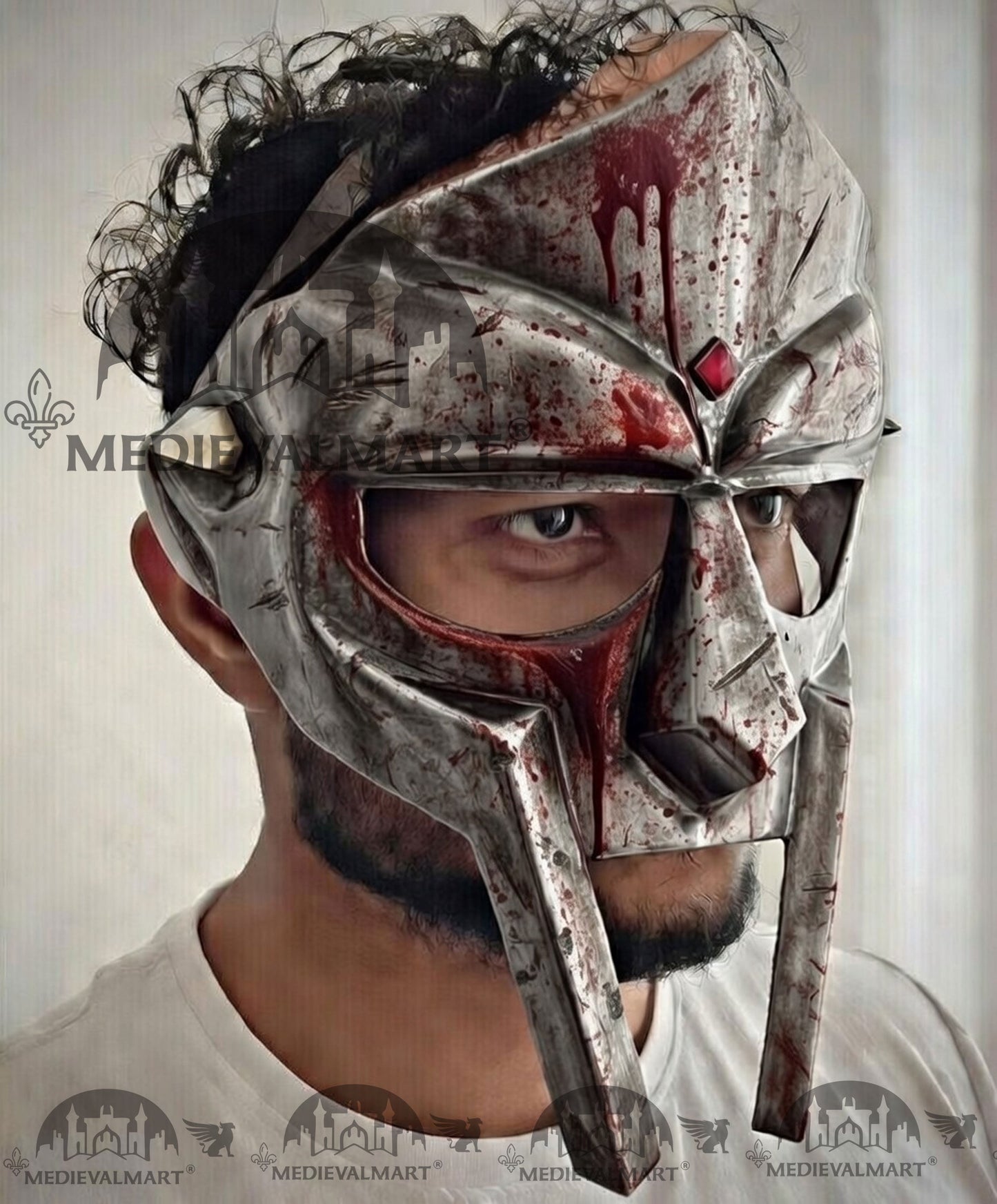 MEDIEVALMART PREMIUM MF DOOM Mask Mad Villain Battle Damage Silver Finish Steel Face Armor