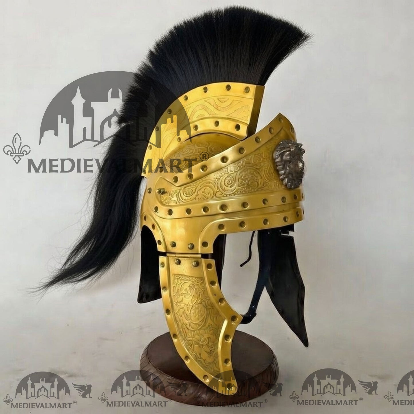 MEDIEVALMART Medieval Roman Centurion Yellow Finish Helmet with Black Plume or Free Wooden Stand