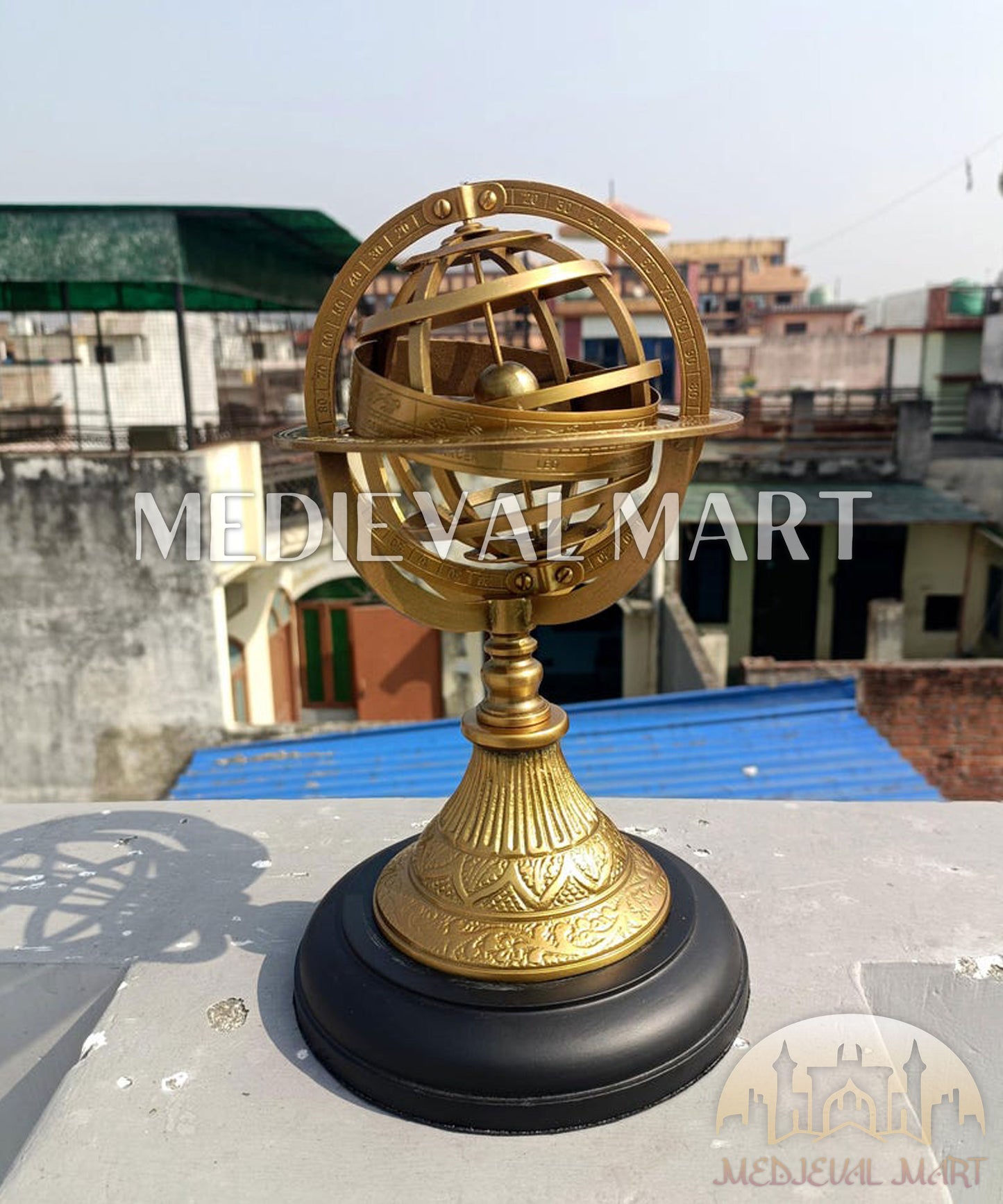 MEDIEVALMART Handmade Engraved Brass Armillary Sphere with Wooden Base – Nautical Globe Decor